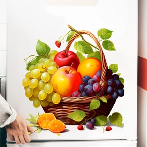 Sticker mural panier de fruits coloré avec motifs réalistes de pommes et de raisins
