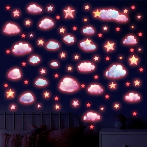 Stickers Muraux Lumineux Dans le Noir Étoiles et Nuages Rose Bleu Sourire de Dessin Animé Décoration Murale Chambre Enfant