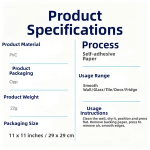 Spécifications du sticker mural auto-adhésif en PVC de 29x29 cm avec un poids de 22g