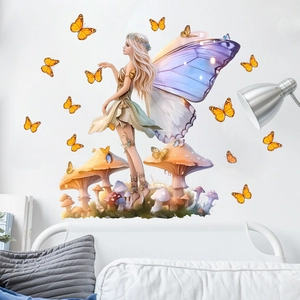 Fairy and yellow butterflies wall decals with mushrooms for a dreamy nursery decor