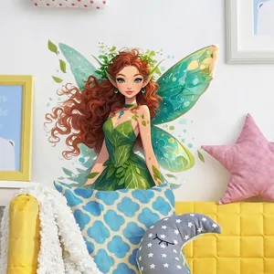 Cartoon green fairy wall decal with wings for bedroom and living room decor