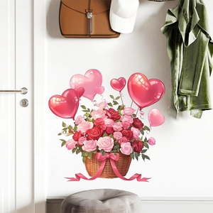 Sticker Mural Romantique Panier de Roses Ballons Coeur PVC Auto-Adhésif Décalcomanie pour Chambre Décoration Saint-Valentin