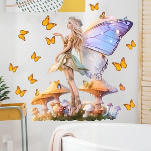 Dreamy fairy wall sticker with purple wings and colorful mushrooms for nursery decor