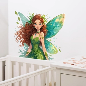 Cartoon green fairy wall decal with wings for bedroom and living room decor