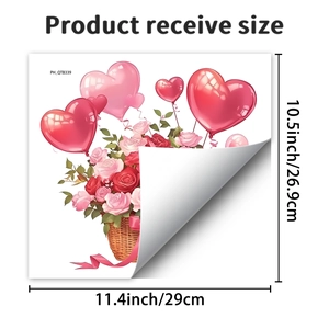 Détail des dimensions du sticker mural panier de fleurs avec roses et ballons en cœur