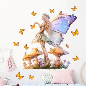 Fairy and butterfly wall decals for children's room with mushrooms and purple elf girl