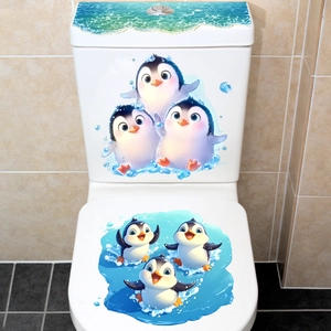 3D Cartoon Penguin Ocean Toilet Sticker Set Waterproof Removable PVC Bathroom Decal For Toilet Lid Tank Home Decor