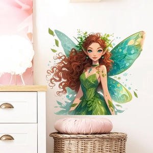 Cartoon forest fairy wall sticker with green wings for bedroom and living room decor