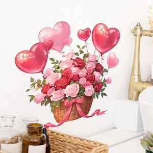 Sticker mural romantique avec panier de fleurs et ballons en forme de cœur rose décor