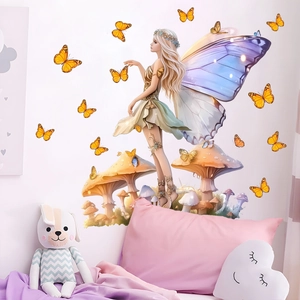 Dreamy fairy and mushroom wall decals with colorful butterflies for kids room decor