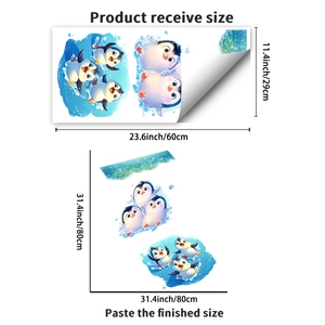 Detailed size chart for cartoon penguin wall stickers showing receive and finish dimensions