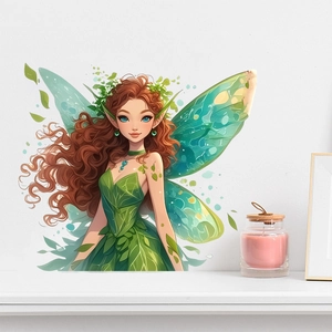 Cartoon elf girl wall sticker with green fairy wings for bedroom and living room decor