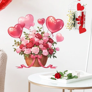 Sticker mural romantique avec panier de fleurs cœur et ballons roses pour chambre