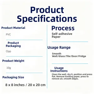 Gedetailleerde PVC lichtgevende muursticker specificaties met afmetingen 20x20cm en 10g