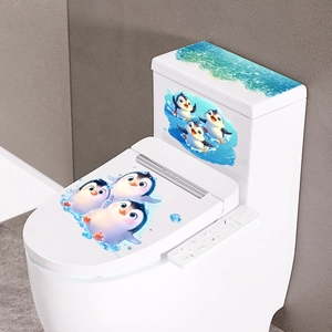 Blue ocean theme toilet lid stickers with cute cartoon penguins and sea waves patterns