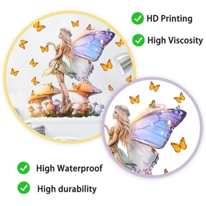 Detail view of high-definition butterfly fairy and mushroom wall decals for kids room