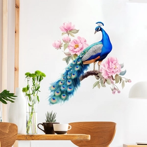 Peacock and pink peony branch wall sticker for living room and bedroom decoration