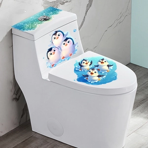 Self-adhesive cartoon penguin and ocean waves toilet lid stickers for bathroom decor