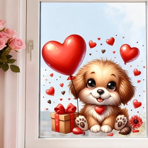 Cartoon Dog Holding Flowers Heart Window Sticker PVC Static Cling Glass Decal For Bedroom Living Room Valentine Day Decor