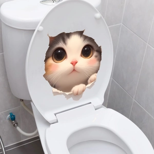 3D realistic Ragdoll cat wall sticker with broken paper effect on a white toilet lid