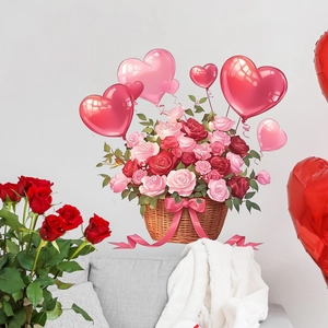 Sticker mural romantique avec panier de roses et ballons en cœur pour décoration