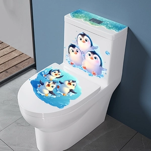 Cartoon penguin bathroom toilet stickers set with ocean waves for wall decoration