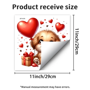 Detail view of 11-inch square window sticker with puppy, heart balloons, and gift box design