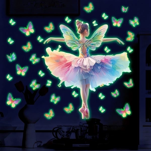 Luminous ballerina fairy and colorful butterfly wall stickers with glowing night effect