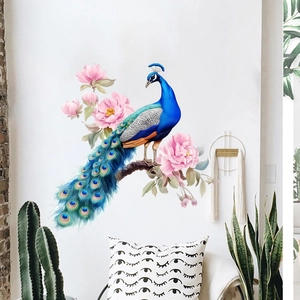 Self-adhesive wall sticker featuring an elegant peacock and pink peonies for home decor