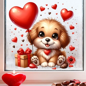 Close-up of 3D cartoon puppy with red heart balloon and gift box window sticker