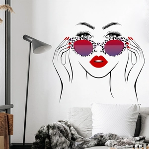 Sticker Mural Art au Trait Femme à la Mode Lunettes de Soleil Léopard Lèvres Rouges Décalcomanie PVC pour Salon Chambre