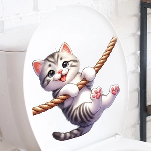 Creative 3D cartoon kitten hanging on hemp rope toilet seat lid decal sticker