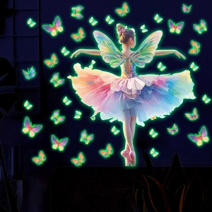 Luminous ballerina wall sticker with glowing colorful butterflies for bedroom decor