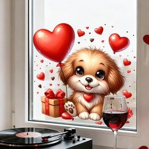 Detail of cute puppy window sticker with red hearts and gift box on glass surface