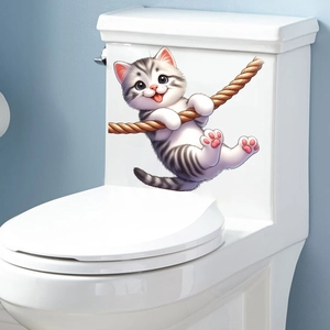 3D cute cartoon gray tabby cat with hemp rope wall sticker for toilet decoration