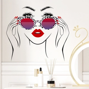 Sticker mural de mode avec portrait au trait, lunettes léopard et lèvres rouges vibrantes