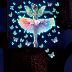 Luminous Ballerina Girl Butterfly Wall Sticker Glow In The Dark Removable PVC DIY Fairy Rainbow Decal Kids Bedroom Nursery Decor