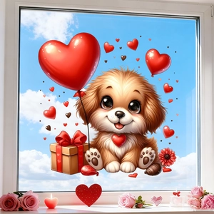 Close-up of a cute puppy window sticker with red hearts and pink roses on glass