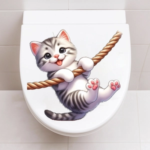3D cartoon cat with rope wall sticker for toilet lid and home room decoration