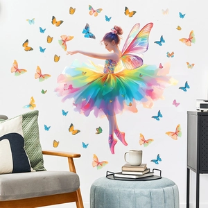Butterfly Ballet Girl Wall Stickers Rainbow Fairy Butterfly Wall Decals For Kids Girls Room PVC Self Adhesive Decorative Wall Art