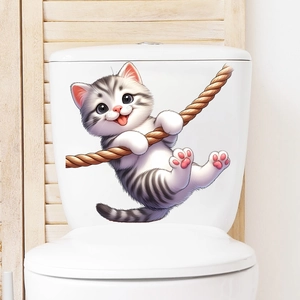Cartoon grey tabby cat hanging on rope toilet wall sticker for creative home decoration