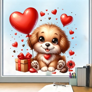 Detail of cute cartoon puppy window sticker with red heart balloons on glass surface