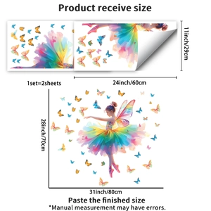 Detail view of rainbow ballet girl wall decal layout with product sheet dimensions