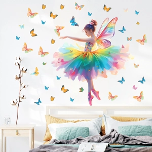 Whimsical ballet fairy wall sticker with colorful butterfly decals for girls bedroom decor