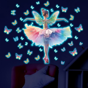 Luminous rainbow fairy wall decal with glowing butterflies for bedroom wall decor
