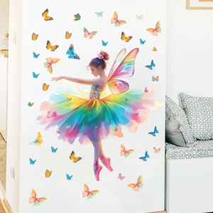 Rainbow butterfly girl wall sticker for children room decor with 3D colorful butterflies