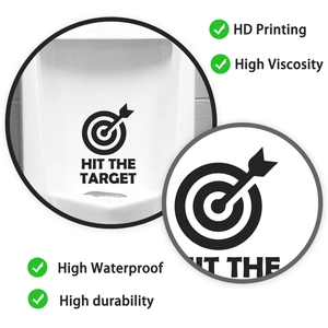 Détail de l'autocollant WC HIT THE TARGET étanche avec impression HD et adhésif puissant