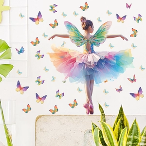 Detailed wall sticker view of a watercolor butterfly fairy on a clean white bedroom wall