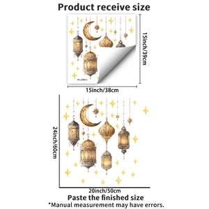 Detailed size guide for Ramadan gold lantern wall stickers with moon and star patterns