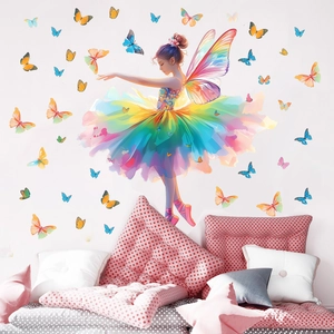 Dreamy fairy girl wall stickers with colorful butterflies for kids bedroom decor